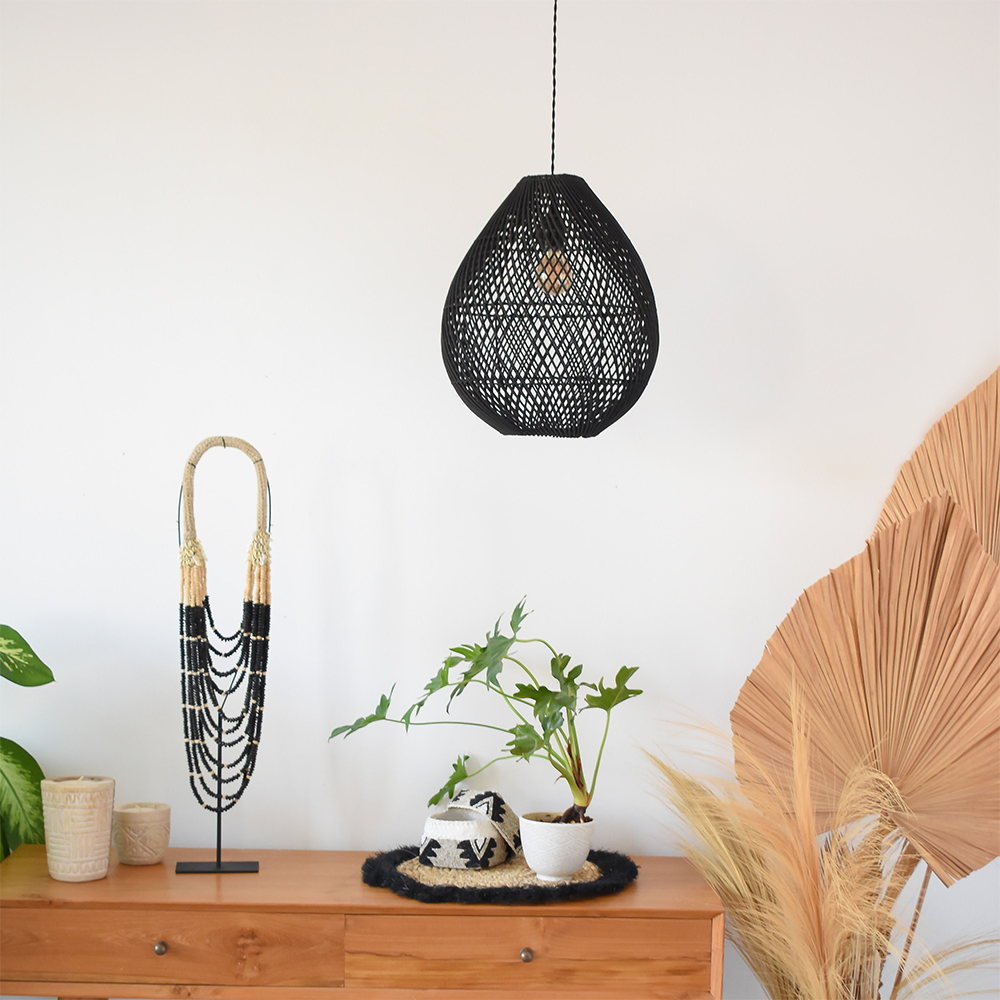 Boho Rattan Handgeweven Zwarte Hanglamp