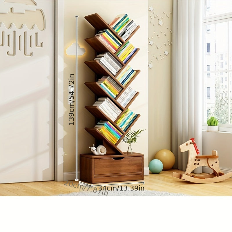 TreeShelf - Verticale Houten Boekenkast met Scheve Planken voor Woonkamer, Vrijstaand Ontwerp