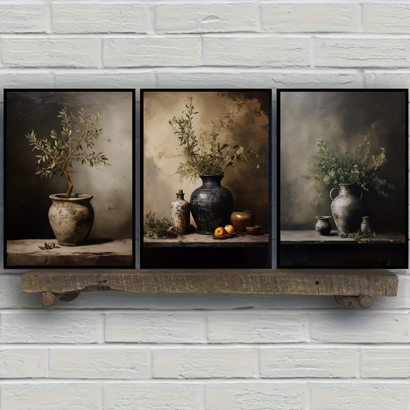 Moody Olive Branches 3-delige Canvas Kunstset - 39.88x59.94 cm Frameloze Vintage Bloemen Wanddecoratie voor Woonkamer