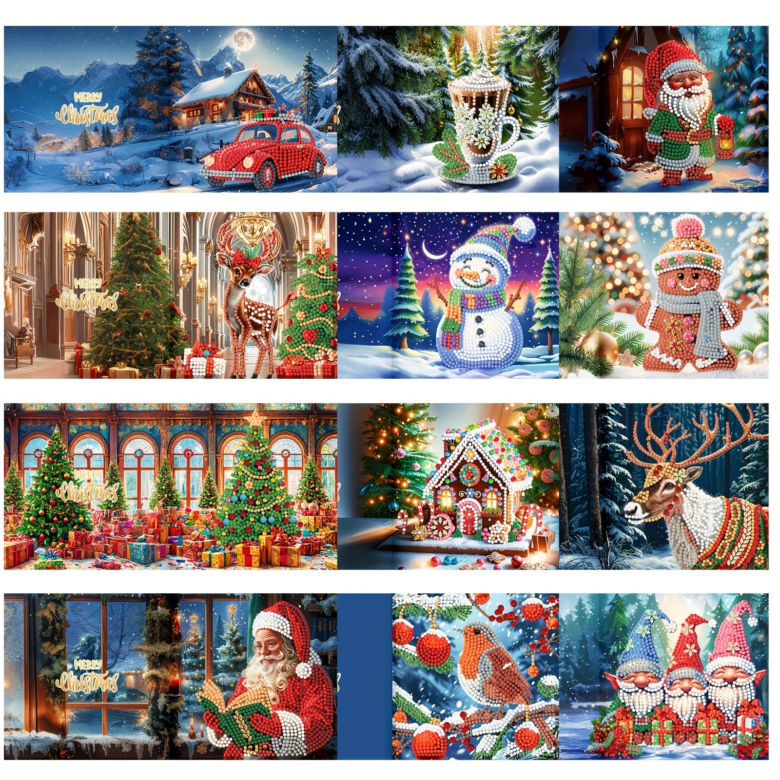 12pcs DIY Diamond Painting Christmas Card Kit - Santa & Dieren Ontwerpen, Feestelijke Groetekaarten voor Kerstwensen en Feestfavorieten