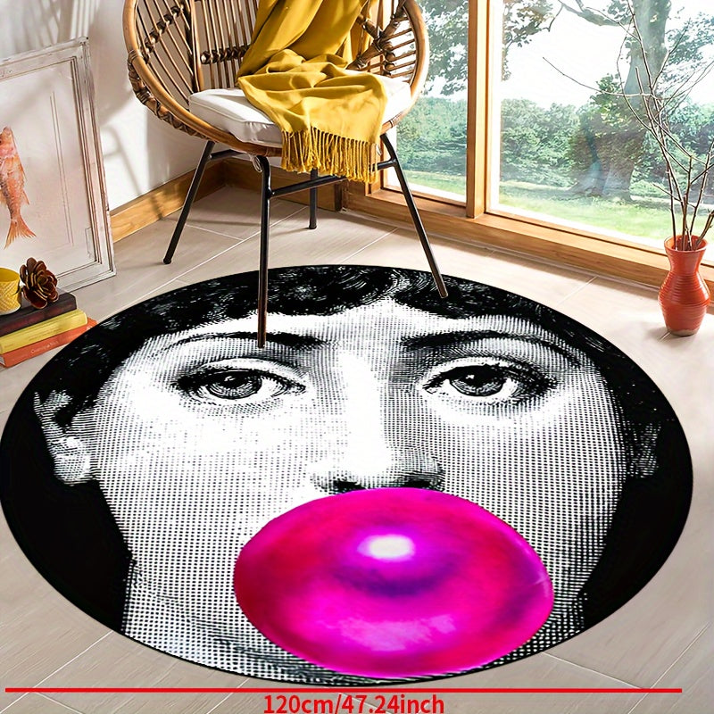 Woman Blowing Bubbles Ronde Tapijt - Antislip, Wasbaar, Zacht Polyester Tapijt voor Woonkamer, Slaapkamer, Hal, Patio, en Tuin