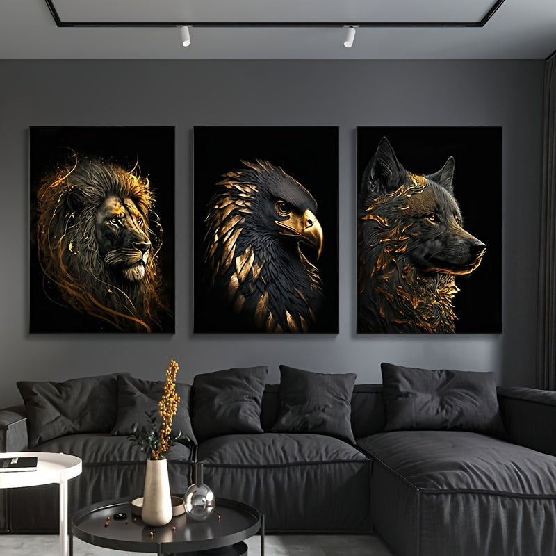 3pcs Unframed Canvas Poster - Moderne Kunst, Abstracte Schilderijen van de Gouden Leeuw en Arend, Ideaal Cadeau voor Slaapkamer, Woonkamer, Gang, Wanddecoratie, Winterdecoratie, Kamerversiering