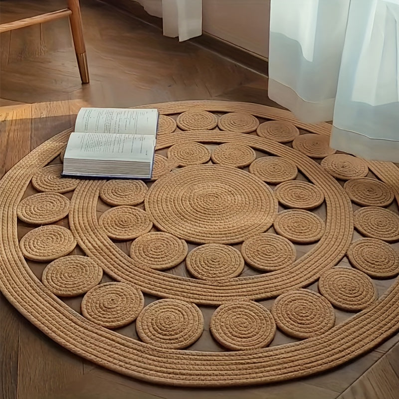 Bohemian Handgemaakte Gevlochten Ronde Badmat - Geometrisch Patroon, Antislip Linnen Blend, Zomer Woondecor voor Woonkamer en Slaapkamer