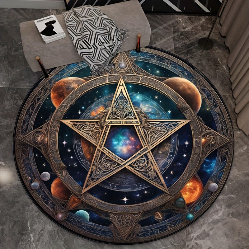 Crystal Velvet 3D Kosmisch Planeten Vloerkleed – Ronde Vloermat met Pentagram Design voor Woonkamer en Slaapkamer