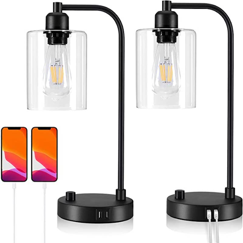 Industriële Bedlamp - 3-weg Dimbare Lampen met USB Nachtkastje Lamp en Glazen Kap