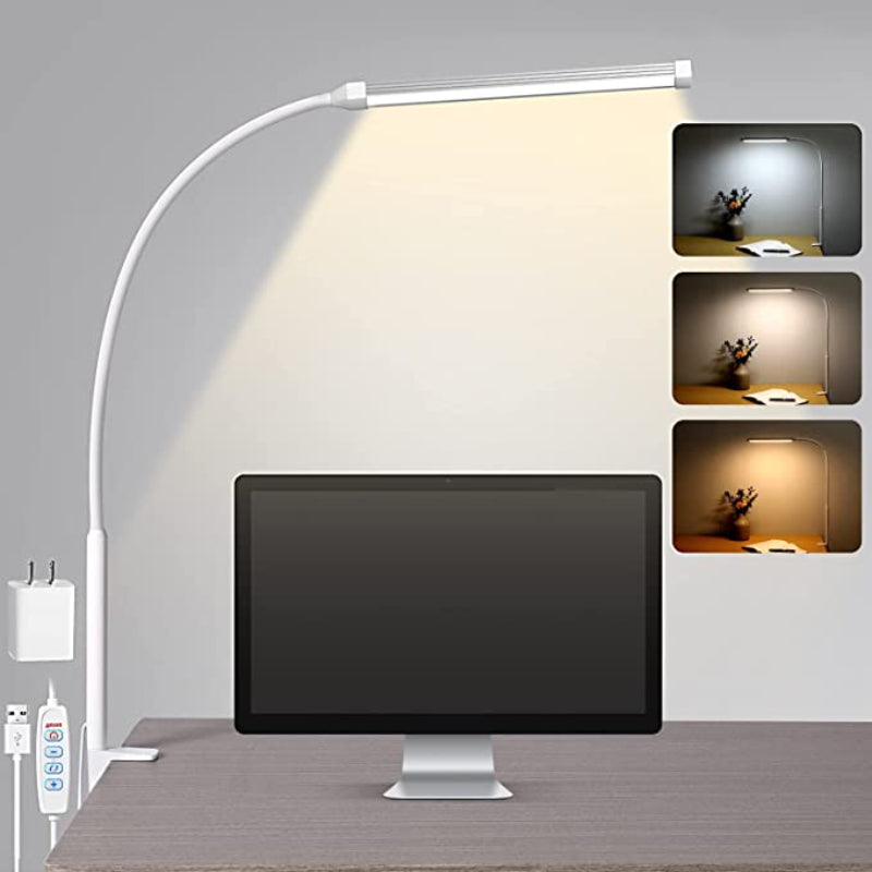 LED Desk Lamp - Oogvriendelijke Bureaulamp met Klem, Flexibele Zwenkarm, 3 Modi, 10 Helderheidsniveaus, USB Adapter