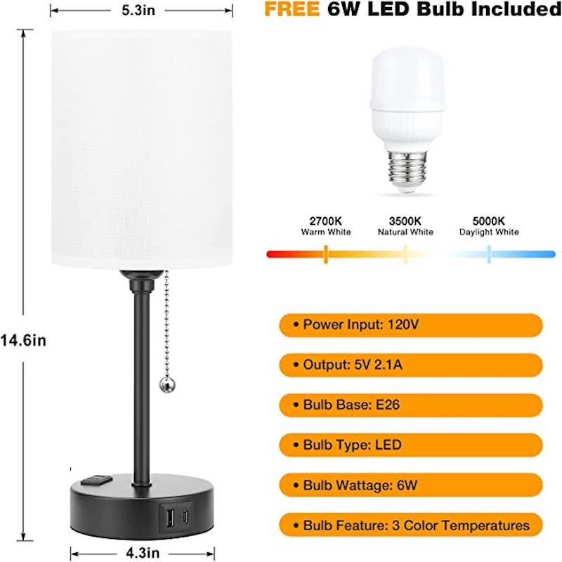 Slaapkamerlamp - 3 Kleuren Temperatuur, USB-C en USB-A Poorten, Trekkoord Tafellamp met AC Outlet