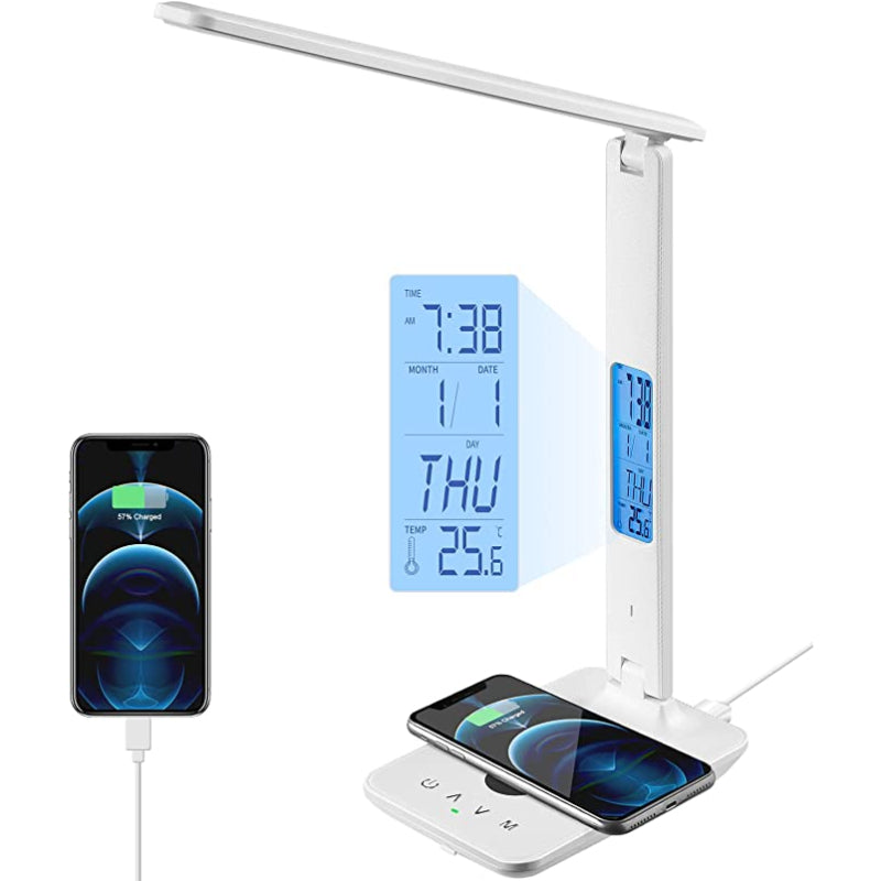 LED Bureau Lamp - Met Draadloze Oplader, USB Oplaadpoort, Klok, Alarm & Temperatuurweergave