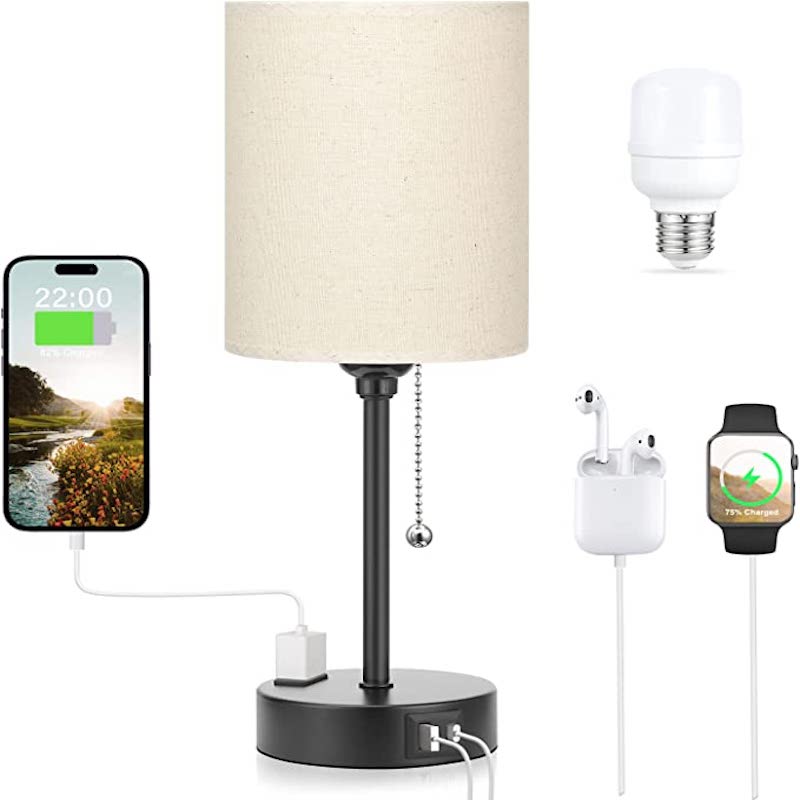 Slaapkamerlamp - 3 Kleuren Temperatuur, USB-C en USB-A Poorten, Trekkoord Tafellamp met AC Outlet