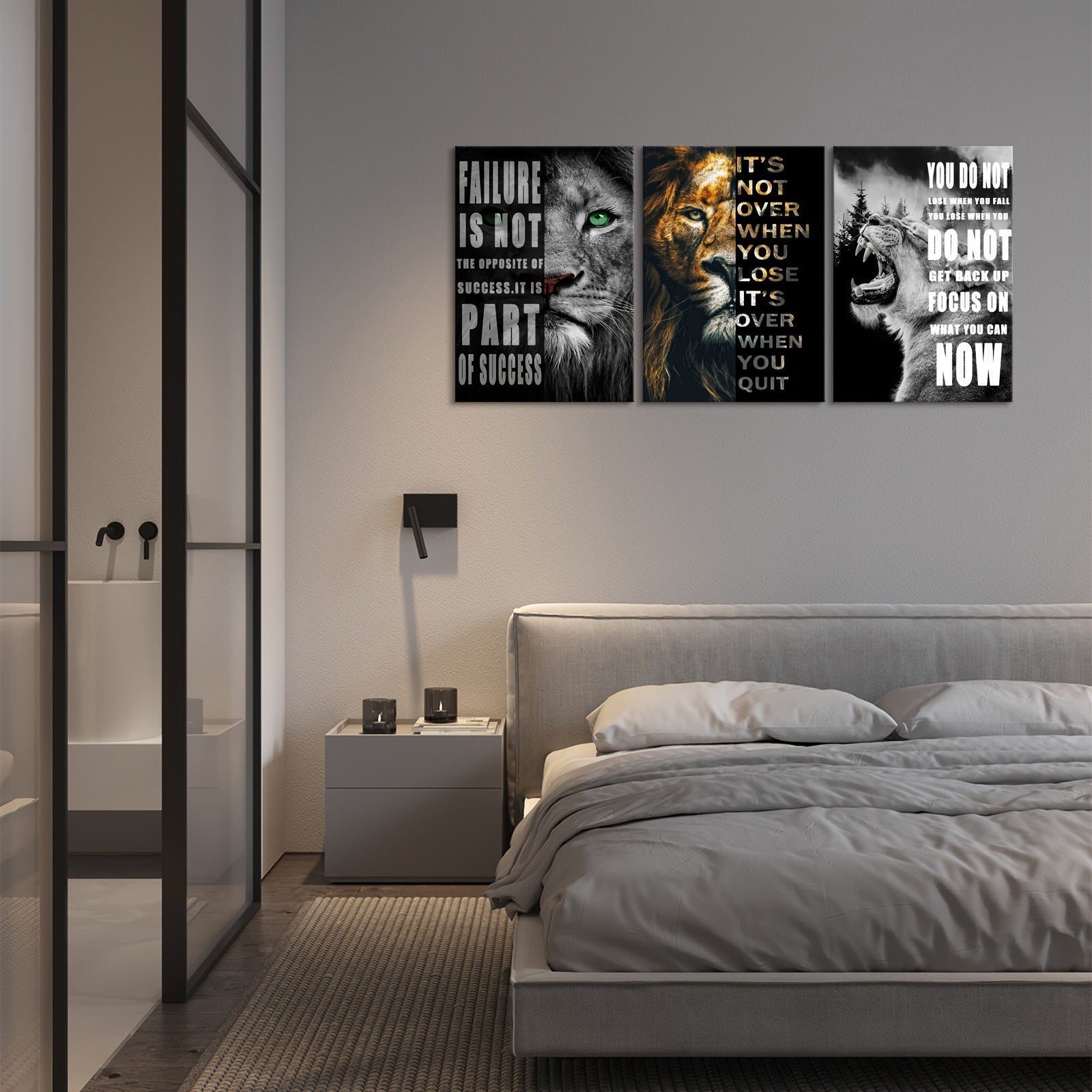 3-delige Houten Canvas Poster - Leeuwen Motivatie Citaten, Moderne Kunst voor Slaapkamer of Kantoor