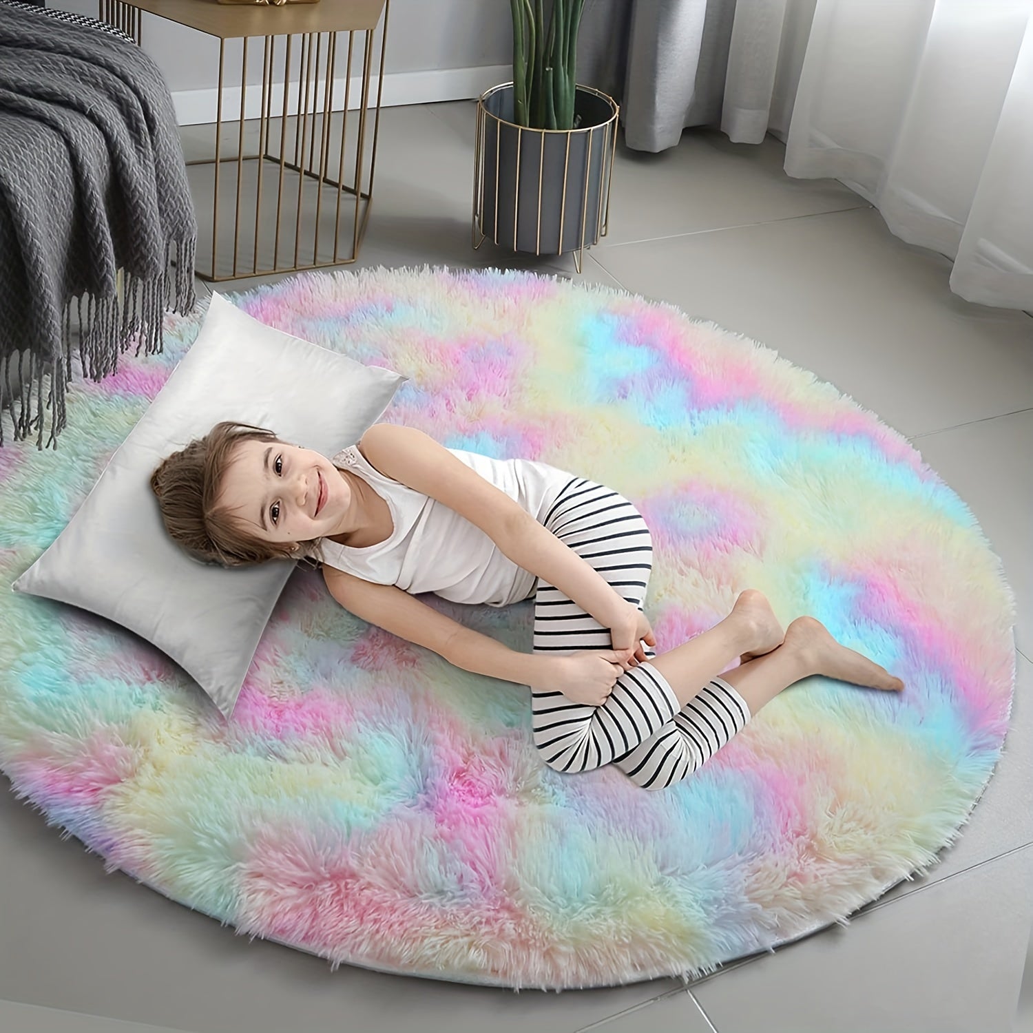 Ronde Regenboog Fluffy Vloerkleed – Tie Dye Kleurrijk, Zacht Speelkleed voor Kinderen, Slaapkamer of Woonkamer Decor