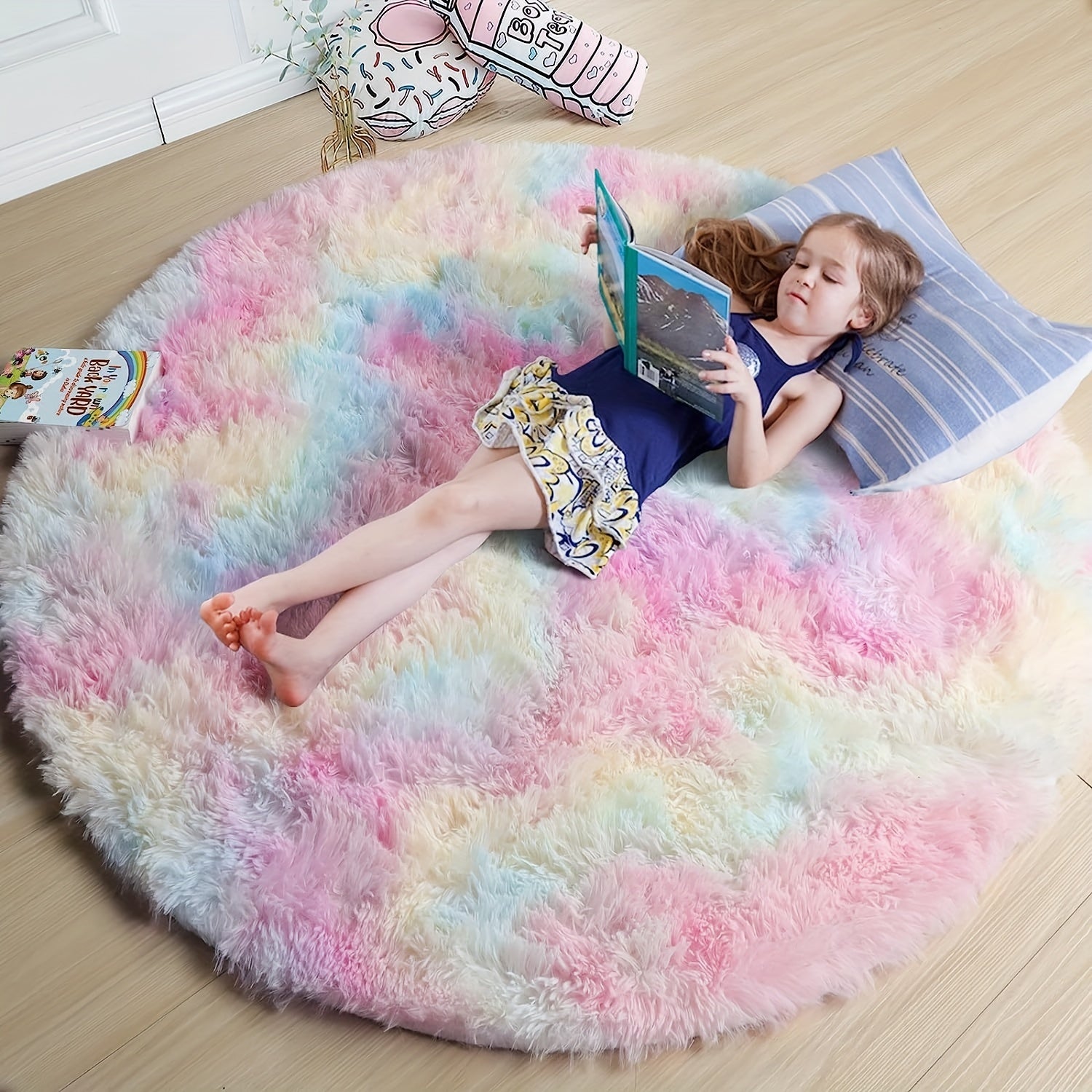 Ronde Regenboog Fluffy Vloerkleed – Tie Dye Kleurrijk, Zacht Speelkleed voor Kinderen, Slaapkamer of Woonkamer Decor