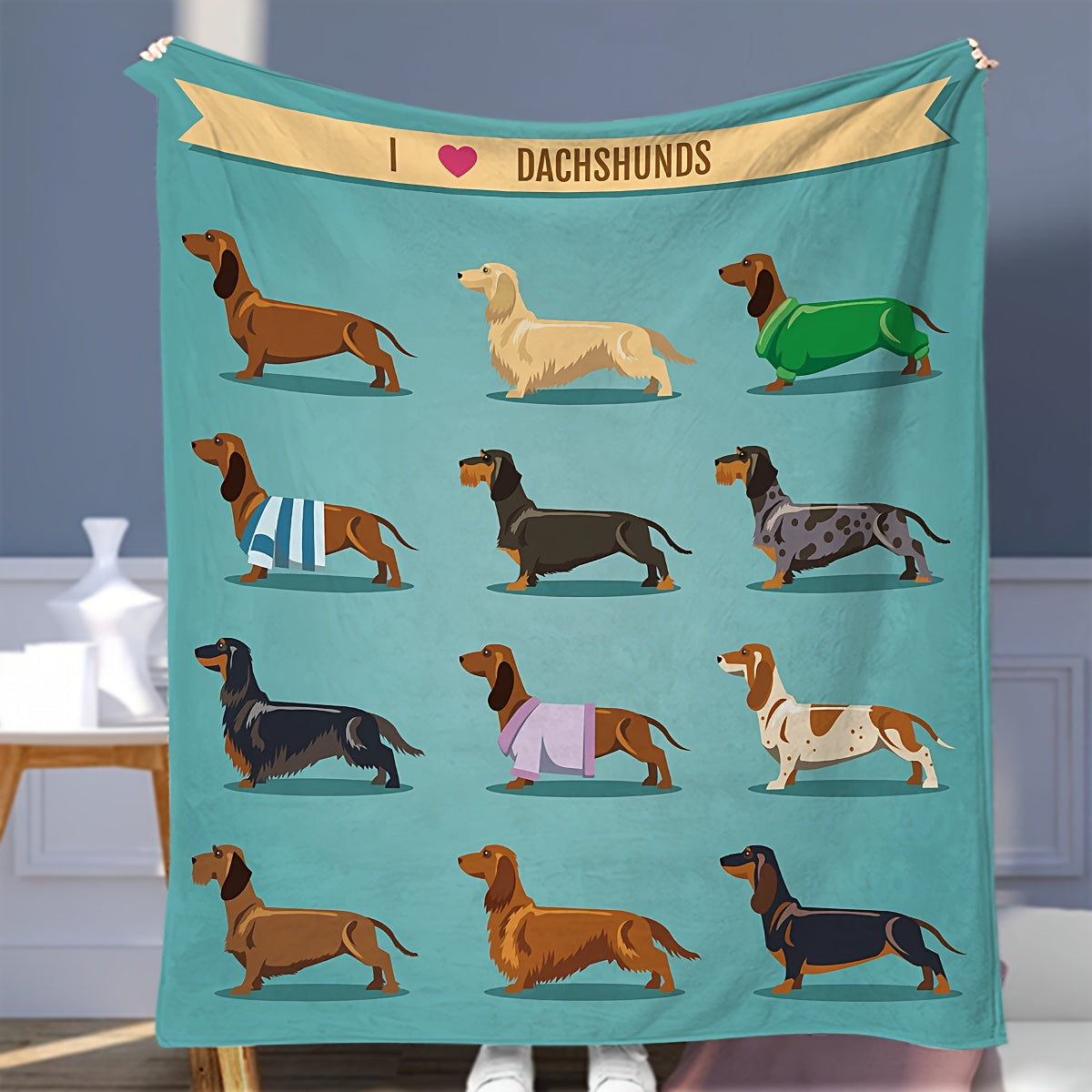 Teckel Fleece Deken - Zacht Flanel met Weiner Dog Print, Blauw