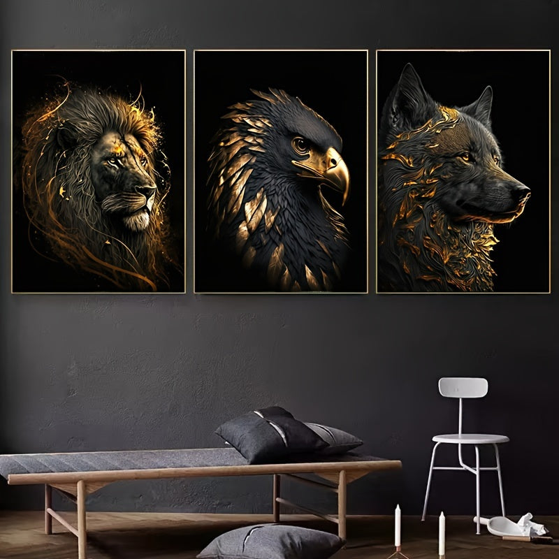 3pcs Unframed Canvas Poster - Moderne Kunst, Abstracte Schilderijen van de Gouden Leeuw en Arend, Ideaal Cadeau voor Slaapkamer, Woonkamer, Gang, Wanddecoratie, Winterdecoratie, Kamerversiering