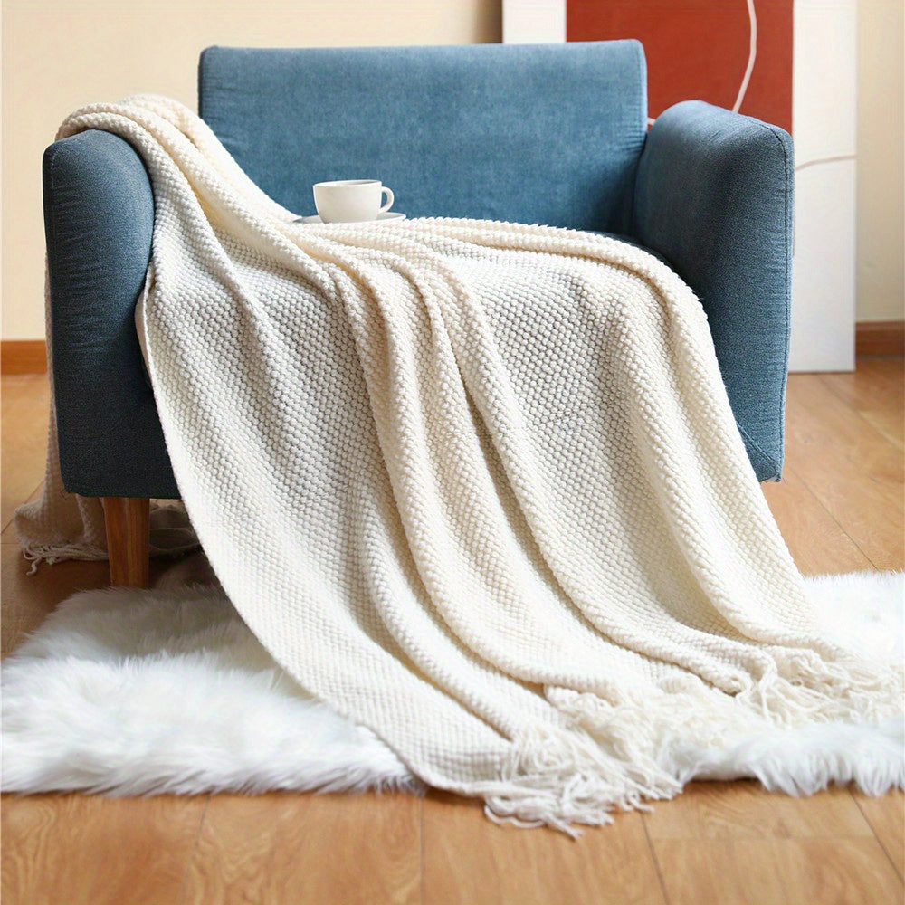 Knitted Throw Deken met Kwastjes - Lichtgewicht Bubbeltextuur Deken voor Bank, Bed en Huisdecoratie