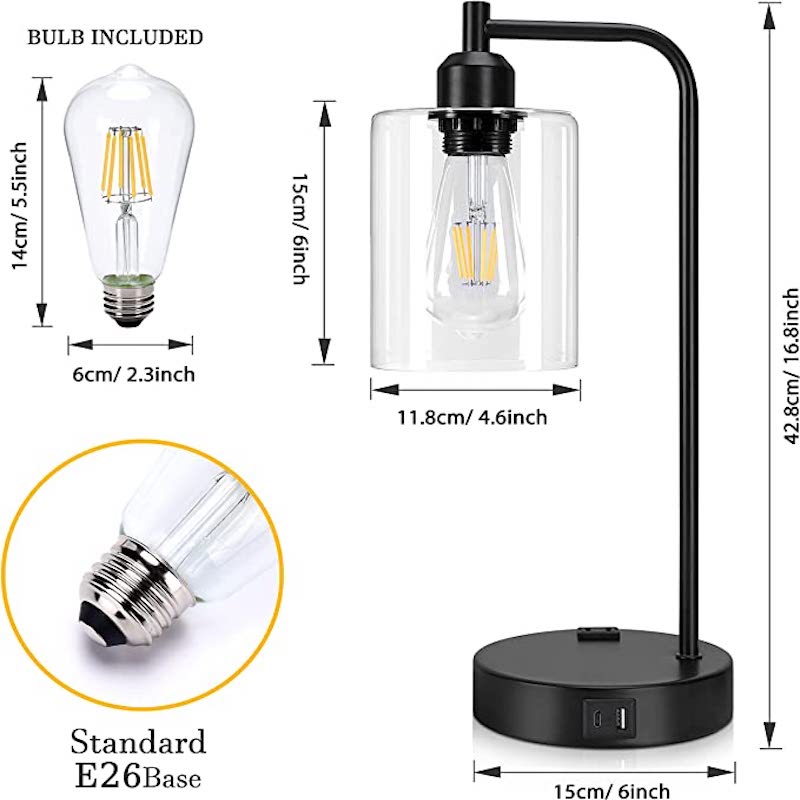 Industriële Bedlamp - 3-weg Dimbare Lampen met USB Nachtkastje Lamp en Glazen Kap