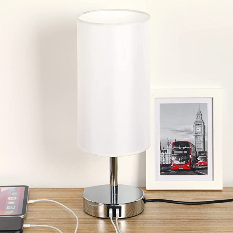 Touch Control Table Lamp - Tafellamp met USB Poorten en 3-weg Dimbare Flaxen Kap