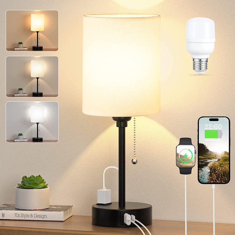 Slaapkamerlamp - 3 Kleuren Temperatuur, USB-C en USB-A Poorten, Trekkoord Tafellamp met AC Outlet