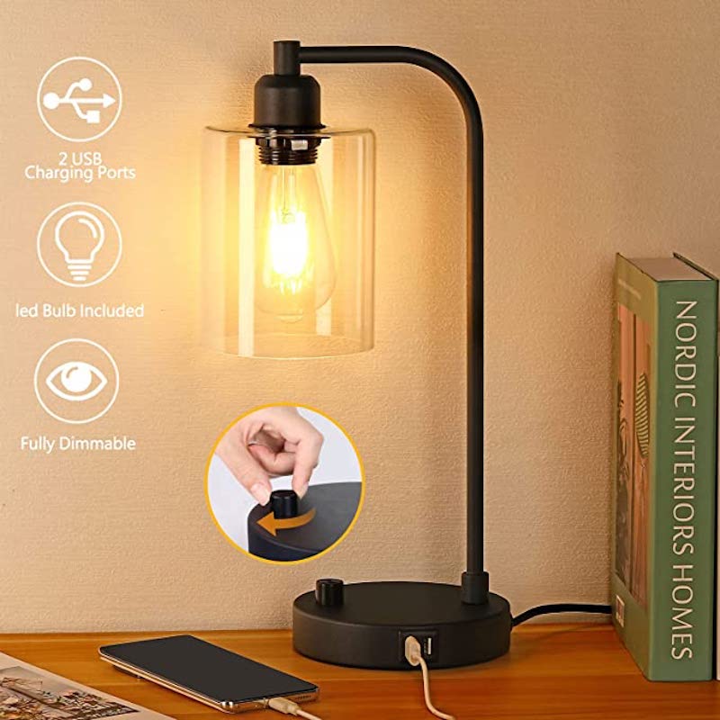 Industriële Bedlamp - 3-weg Dimbare Lampen met USB Nachtkastje Lamp en Glazen Kap