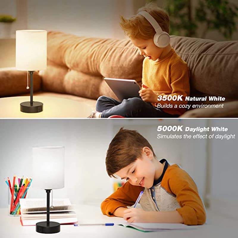 Slaapkamerlamp - 3 Kleuren Temperatuur, USB-C en USB-A Poorten, Trekkoord Tafellamp met AC Outlet