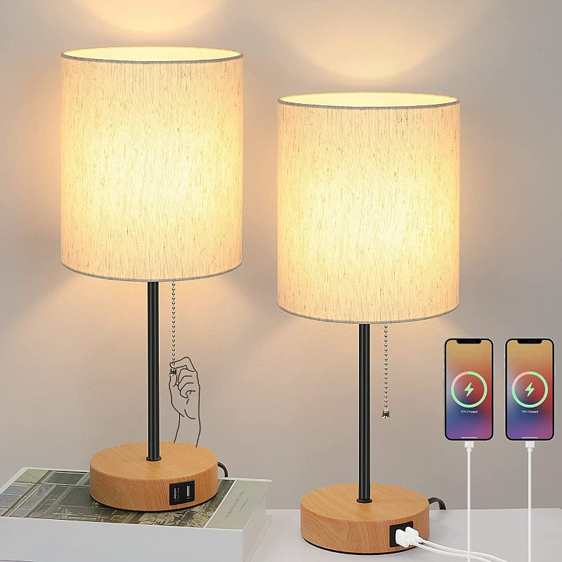 Set van 2 Tafellampen met USB Oplaadpoorten - Moderne Grijze Bedlampen met AC Stopcontact en Trekschakelaar