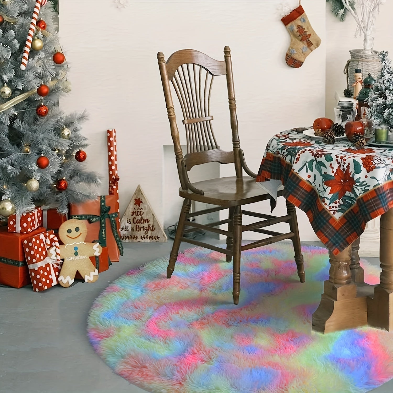 Ronde Regenboog Fluffy Vloerkleed – Tie Dye Kleurrijk, Zacht Speelkleed voor Kinderen, Slaapkamer of Woonkamer Decor