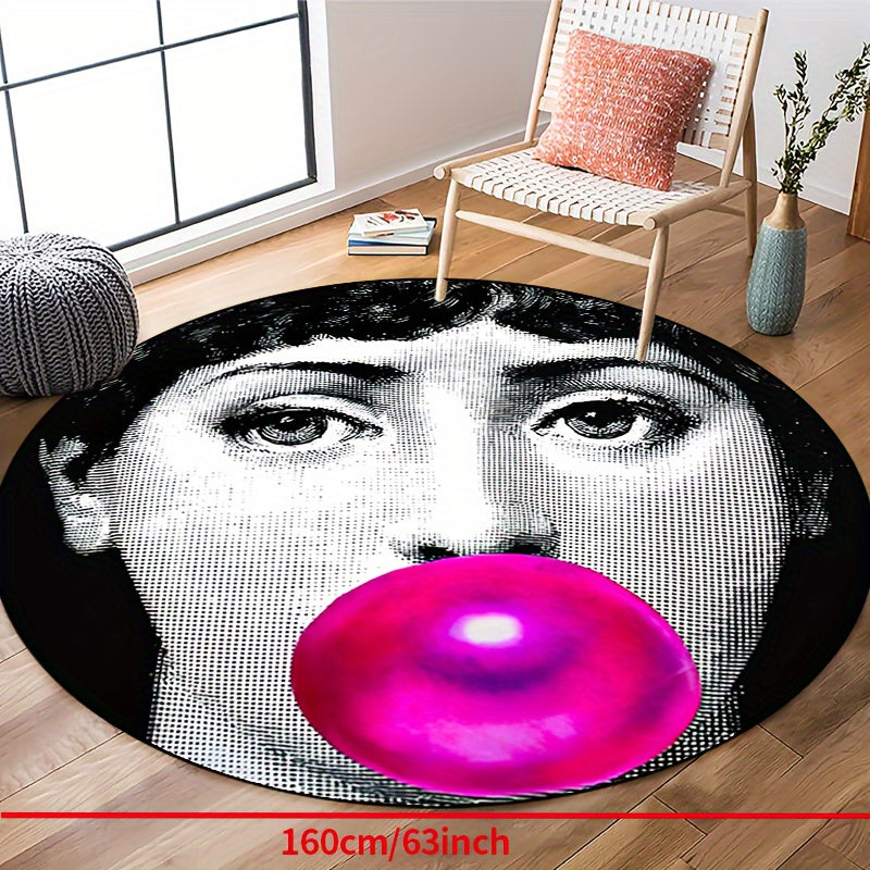 Woman Blowing Bubbles Ronde Tapijt - Antislip, Wasbaar, Zacht Polyester Tapijt voor Woonkamer, Slaapkamer, Hal, Patio, en Tuin