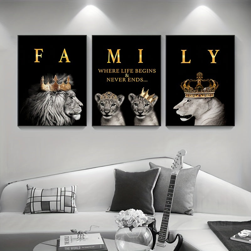 3-delige Moderne Abstracte Leeuwenfamilie Motivatie Canvas Posters, Zonder Lijst