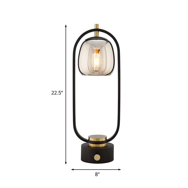 Rookgrijze Spiegel Glazen Tafellamp - Ontwerper Leeslamp met Zwart Ovaal Frame