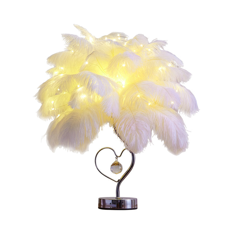 Palm Tree Feather LED Tafellamp - Romantische Roze/Witte Nachtlamp met K9 Kristaldruppel