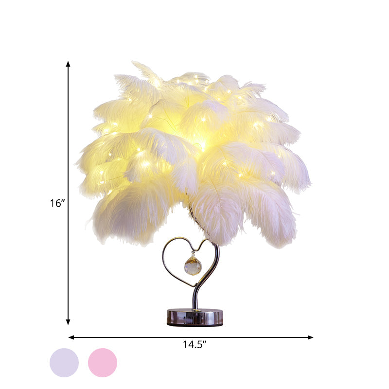 Palm Tree Feather LED Tafellamp - Romantische Roze/Witte Nachtlamp met K9 Kristaldruppel