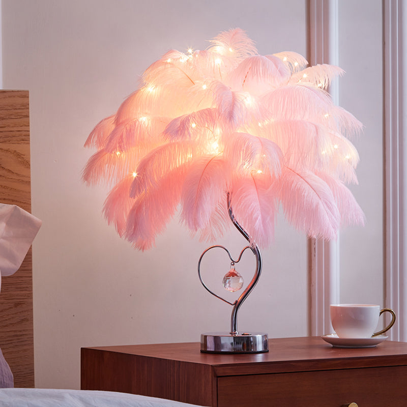 Palm Tree Feather LED Tafellamp - Romantische Roze/Witte Nachtlamp met K9 Kristaldruppel