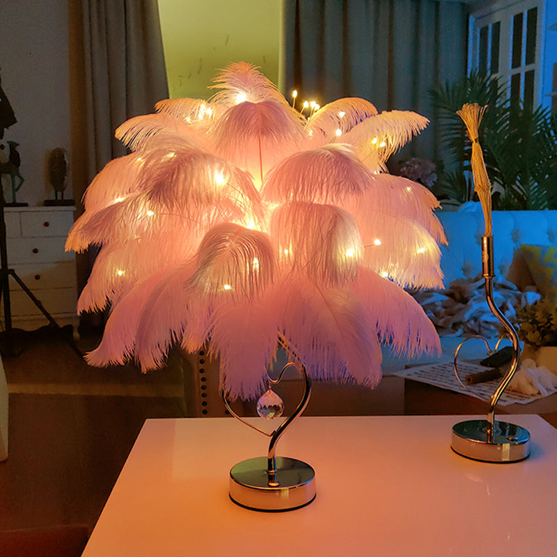 Palm Tree Feather LED Tafellamp - Romantische Roze/Witte Nachtlamp met K9 Kristaldruppel