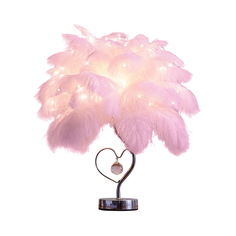 Palm Tree Feather LED Tafellamp - Romantische Roze/Witte Nachtlamp met K9 Kristaldruppel