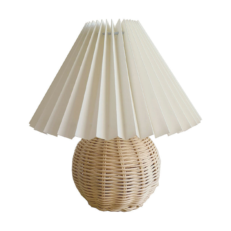 Ronde Bamboe Rattan Tafellamp - Modernistische Witte Nachtlamp met Pagodevormige Stoffen Lampenkap