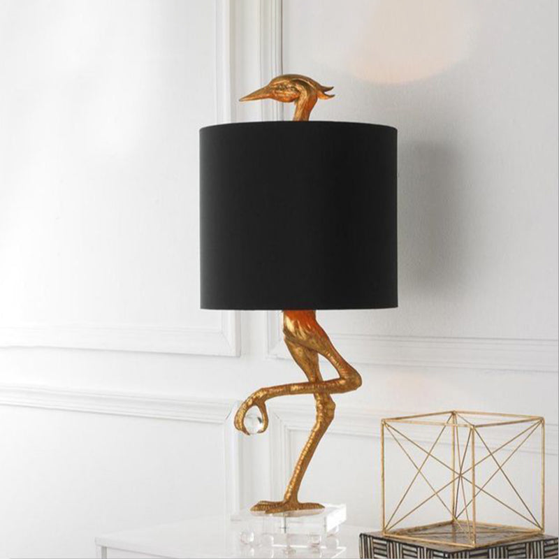 Struisvogel Nachtkastje Lamp - Klassieke Gouden Slaapkamerlamp met Zwarte Cilinderstofschaduw