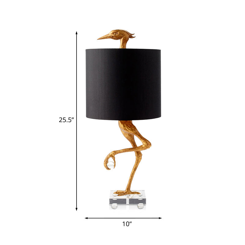 Struisvogel Nachtkastje Lamp - Klassieke Gouden Slaapkamerlamp met Zwarte Cilinderstofschaduw