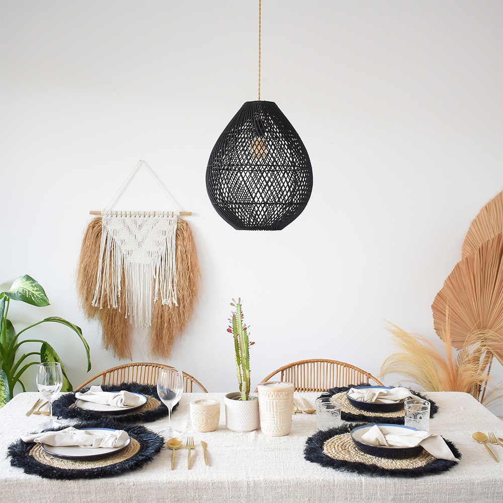 Boho Rattan Handgeweven Zwarte Hanglamp