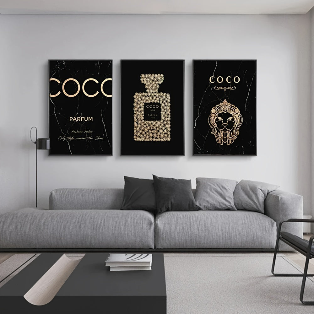 Luxury Perfume Bottle Canvas Art Set - 3-delige Set, Frameloos, Hoogwaardige Schilderijen voor Woonkamer & Slaapkamer Decor