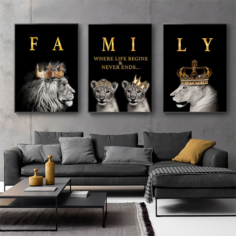 3-delige Moderne Abstracte Leeuwenfamilie Motivatie Canvas Posters, Zonder Lijst