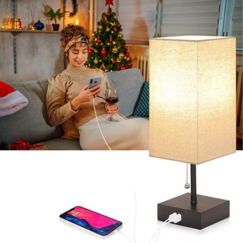 USB Tafellamp - Tafellamp met 2 USB Oplaadpoorten, 2700K LED Lamp, Linnen Lampenkap