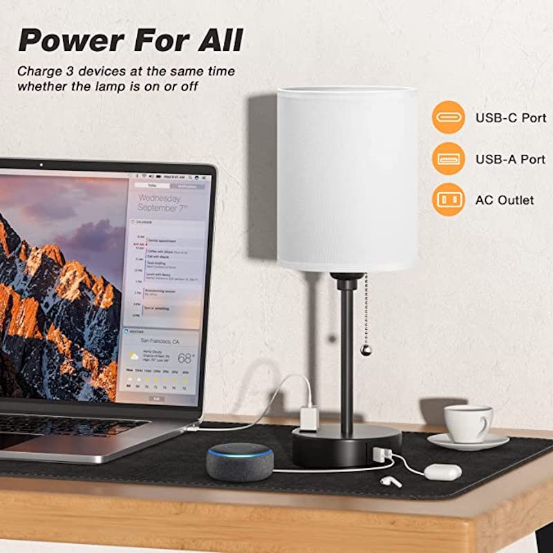 Slaapkamerlamp - 3 Kleuren Temperatuur, USB-C en USB-A Poorten, Trekkoord Tafellamp met AC Outlet