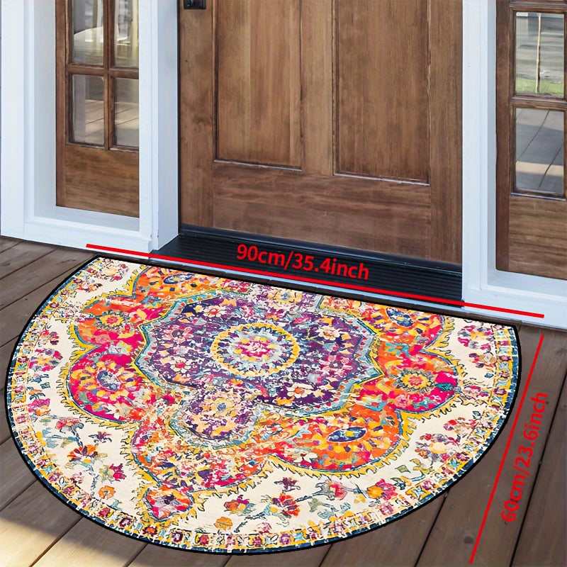 Bohemian Chic Halfronde Vloerkleed - Antislip, Wasbare Polyester Mat in Blauw, Geel, Rood & Paars - Perfect voor Binnen/Buiten Decor, Hal, Slaapkamer en Meer