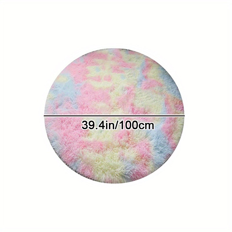 Ronde Regenboog Fluffy Vloerkleed – Tie Dye Kleurrijk, Zacht Speelkleed voor Kinderen, Slaapkamer of Woonkamer Decor