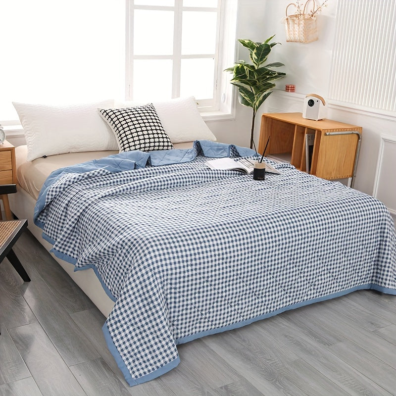 Preppy Style Plaid Zomer Quilt - Ultrasonisch Gewatteerde Lichtgewicht Airconditioning Sprei, Geschikt voor Alle Seizoenen, Polyester Bedsprei