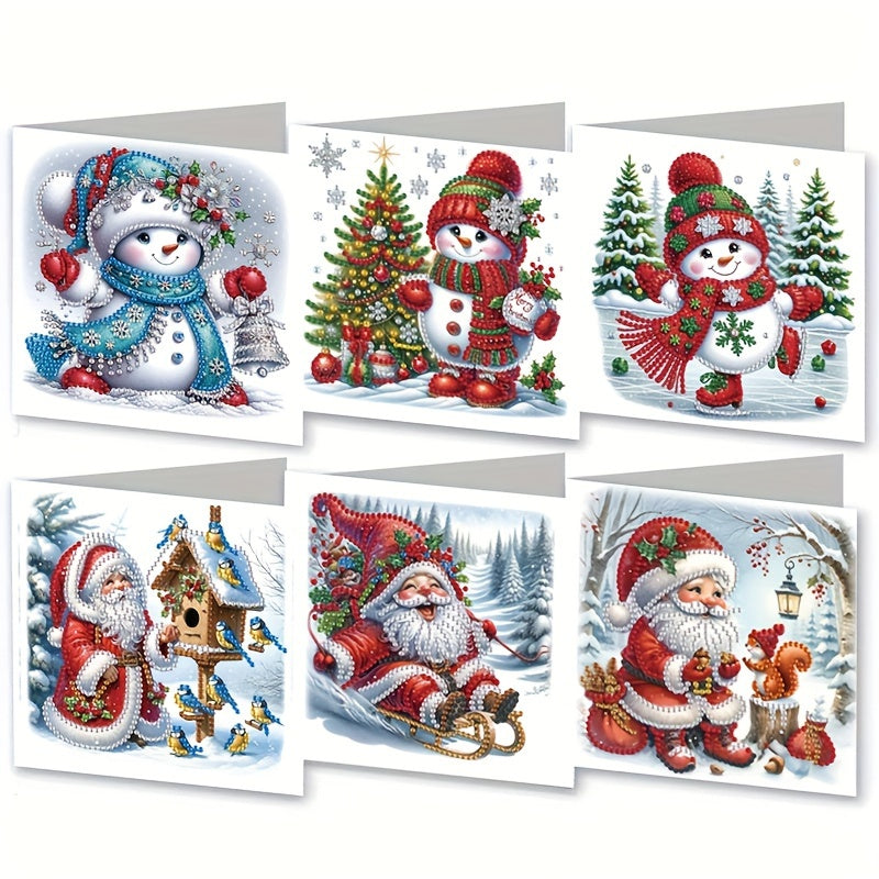 6-Pack Christmas Diamond Painting Card Kit - Feestelijke Groetekaarten met Sneeuwman, Kerstman, Kerstboom, Bloemen, Vogels en Eekhoorn Ontwerpen, Unieke Handgemaakte Cadeauset voor Dierbaren