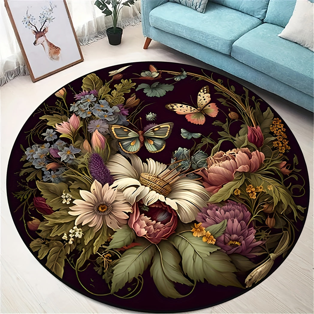 Darkness Butterfly Floral Ronde Tapijt - Antislip, Wasbaar, Zacht en Comfortabel Polyester Tapijt voor Woonkamer, Slaapkamer, Kantoor en Kinderkamer