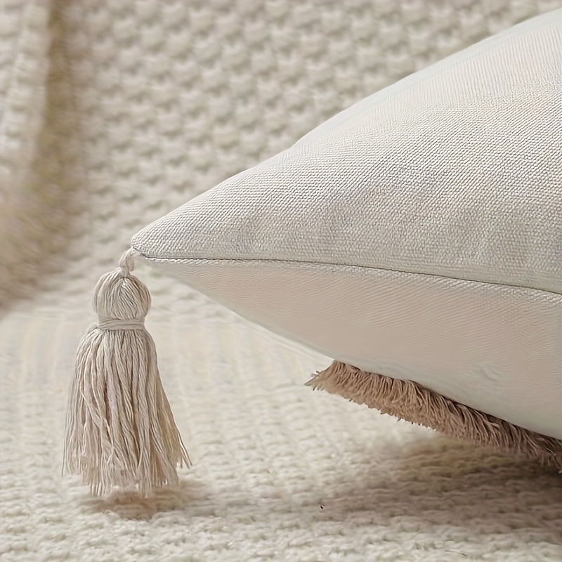 Boho Beige Kussenhoes met Kwastjes - Voor Bank en Bed (zonder vulling)