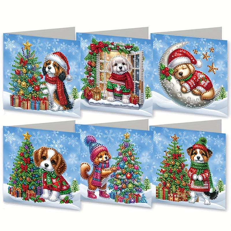 6-Pack Diamond Painting Kerstkaarten - Sneeuwhond & Kerstboom Ontwerp