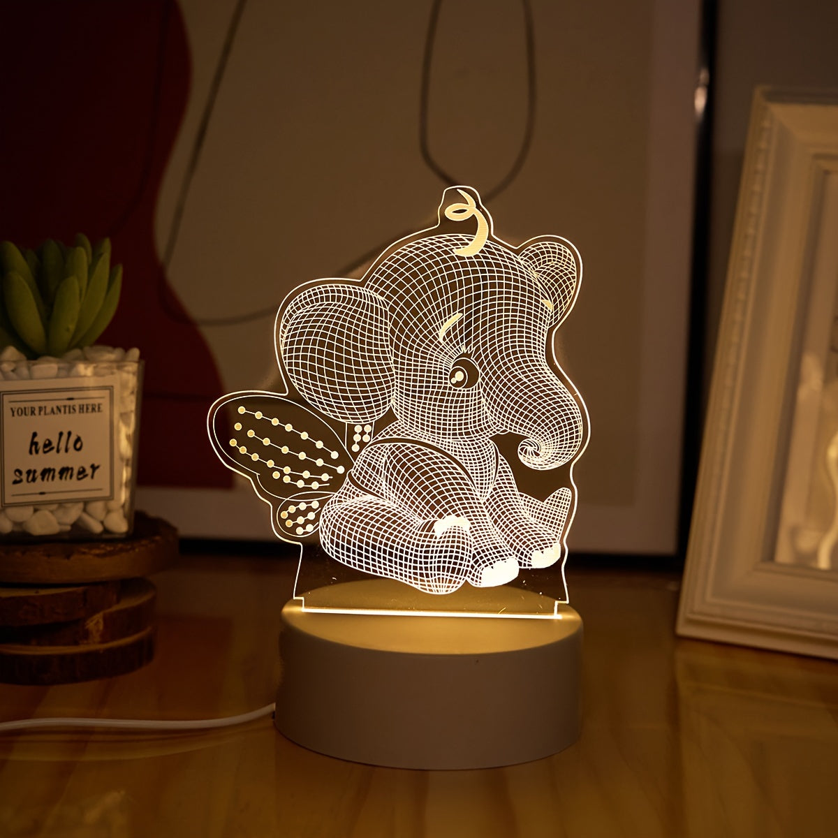 AngelElephant - 3D Illusie LED Nachtlamp, USB Aangedreven Tafellamp